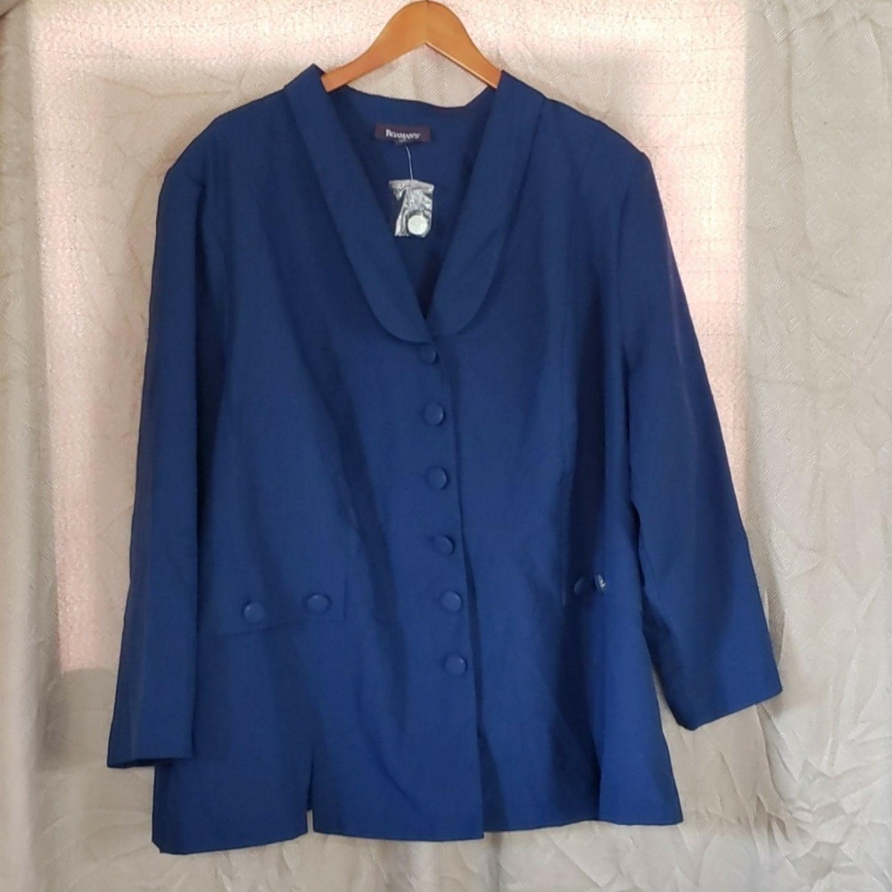 Roaman's Blazer Jacket Womens Petite 32W Blue Solid Shawl Collar Tailored Career